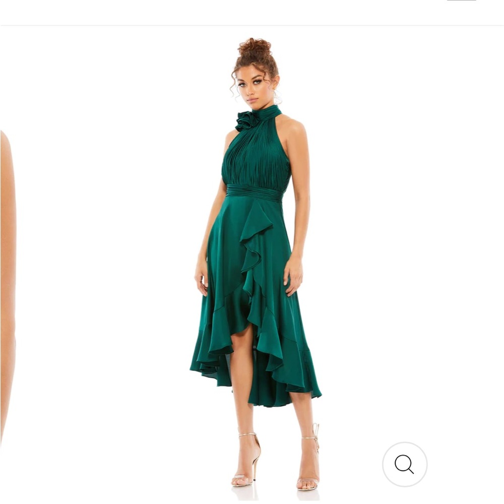 Emerald green satin Mac Duggal high-low occasion halter gown, NWT